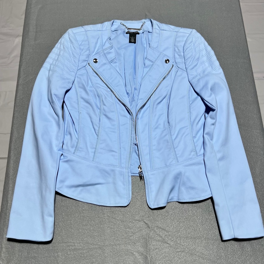 White House Black Market Light Blue Perfect Form Peplum Moto Jacket Size 6